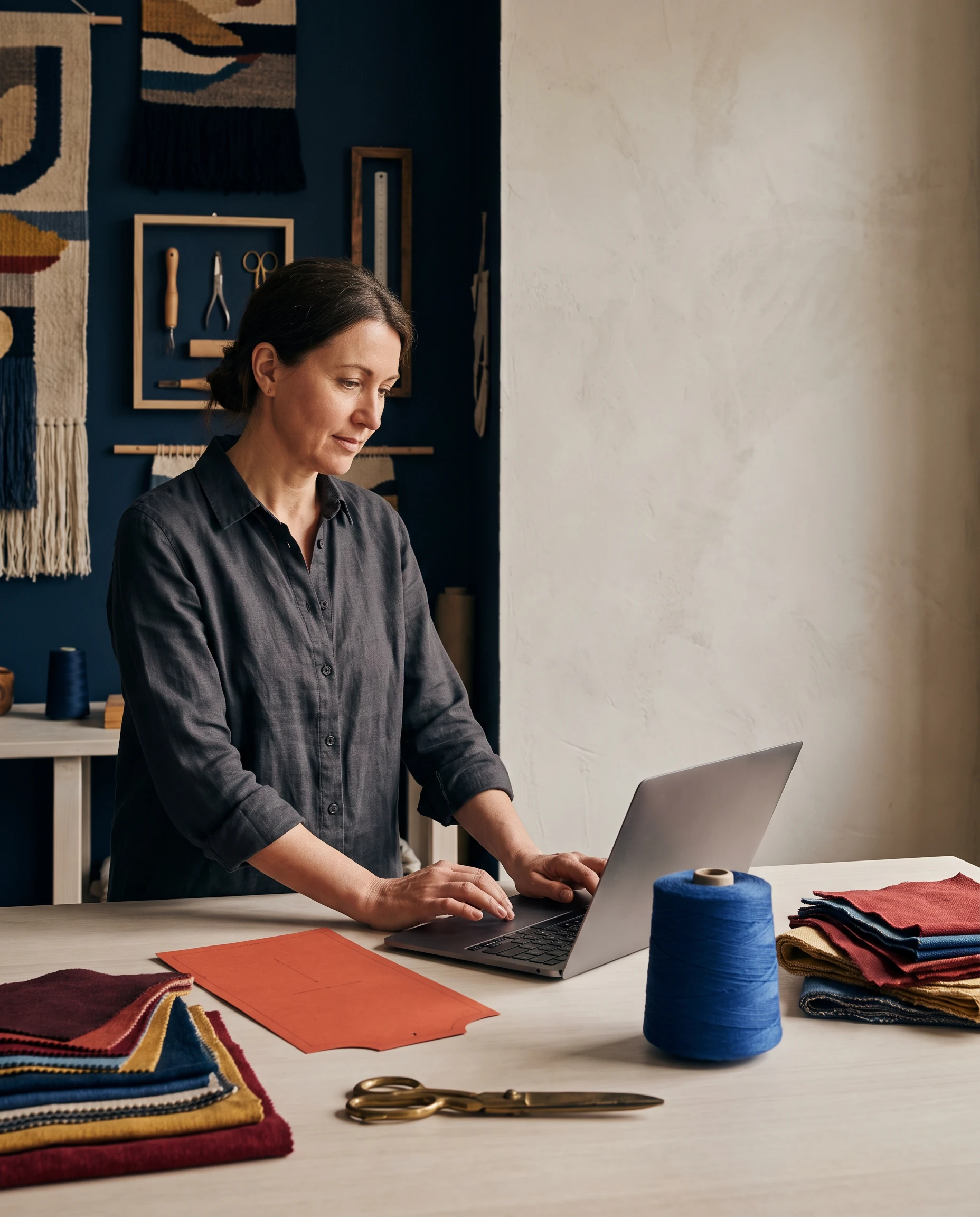 Maker using a laptop beside woven materials in a studio