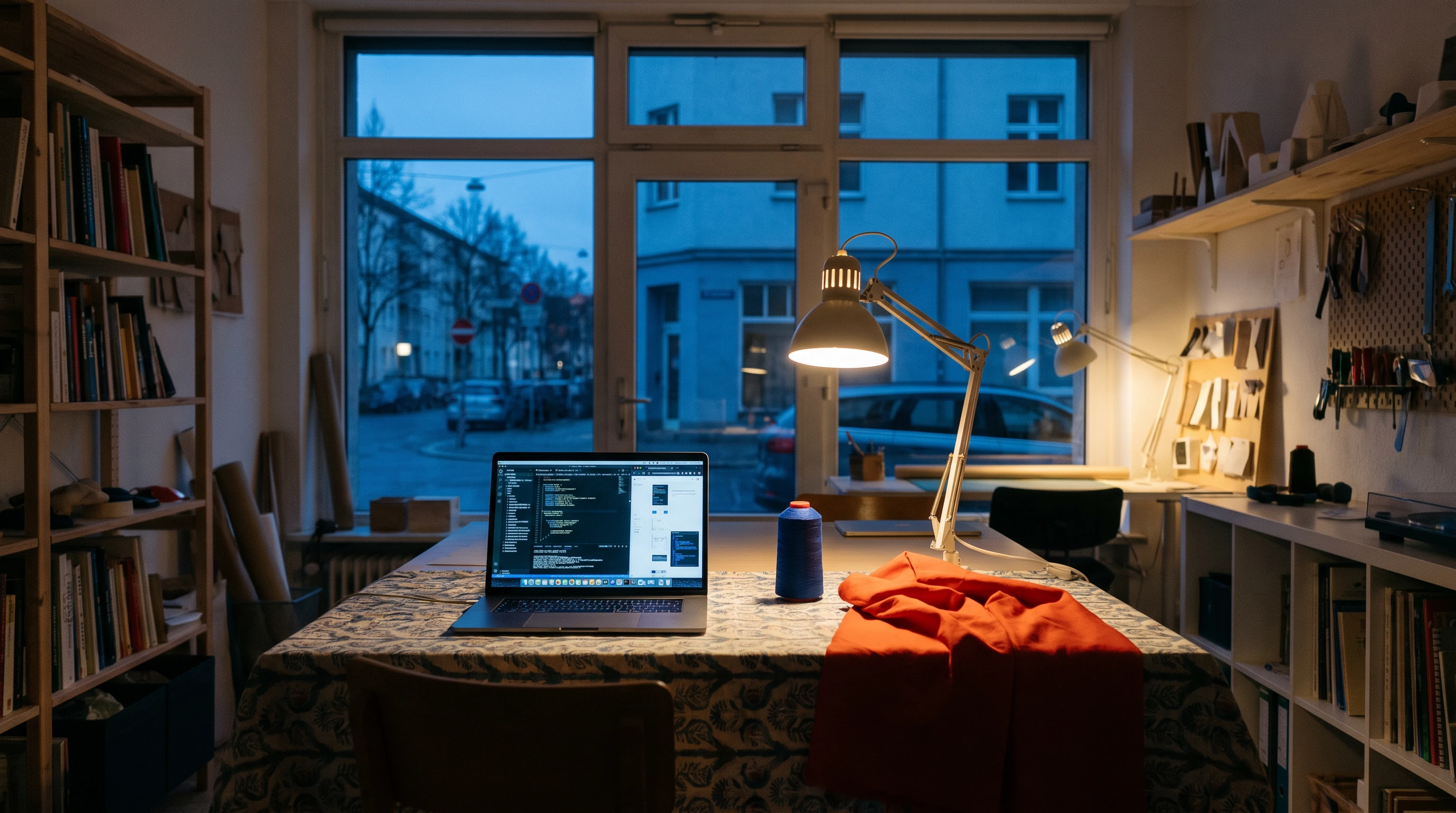 A quiet workshop desk with coding laptop, thread and warm task lighting at dusk