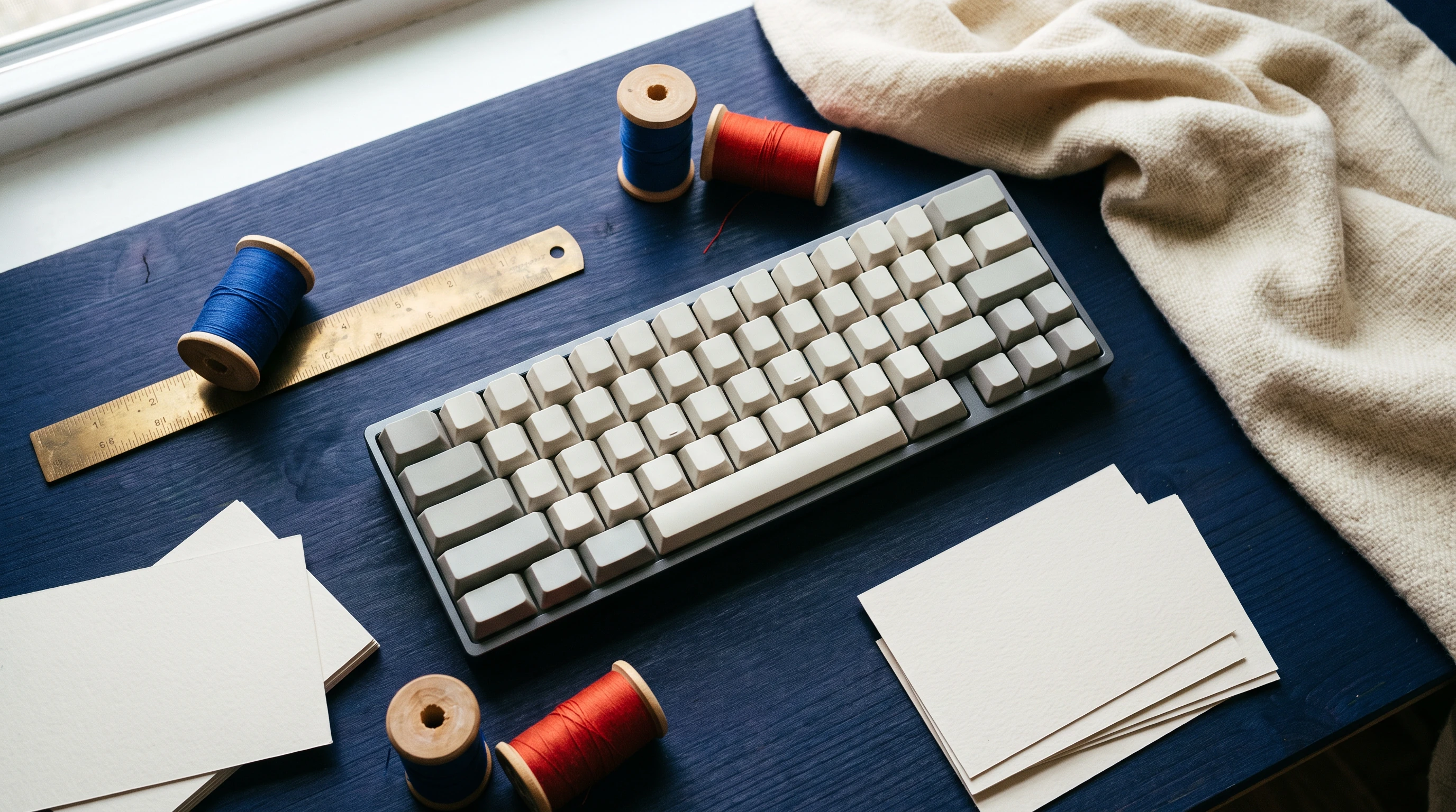 Keyboard, thread spools, ruler and notes on an indigo work surface