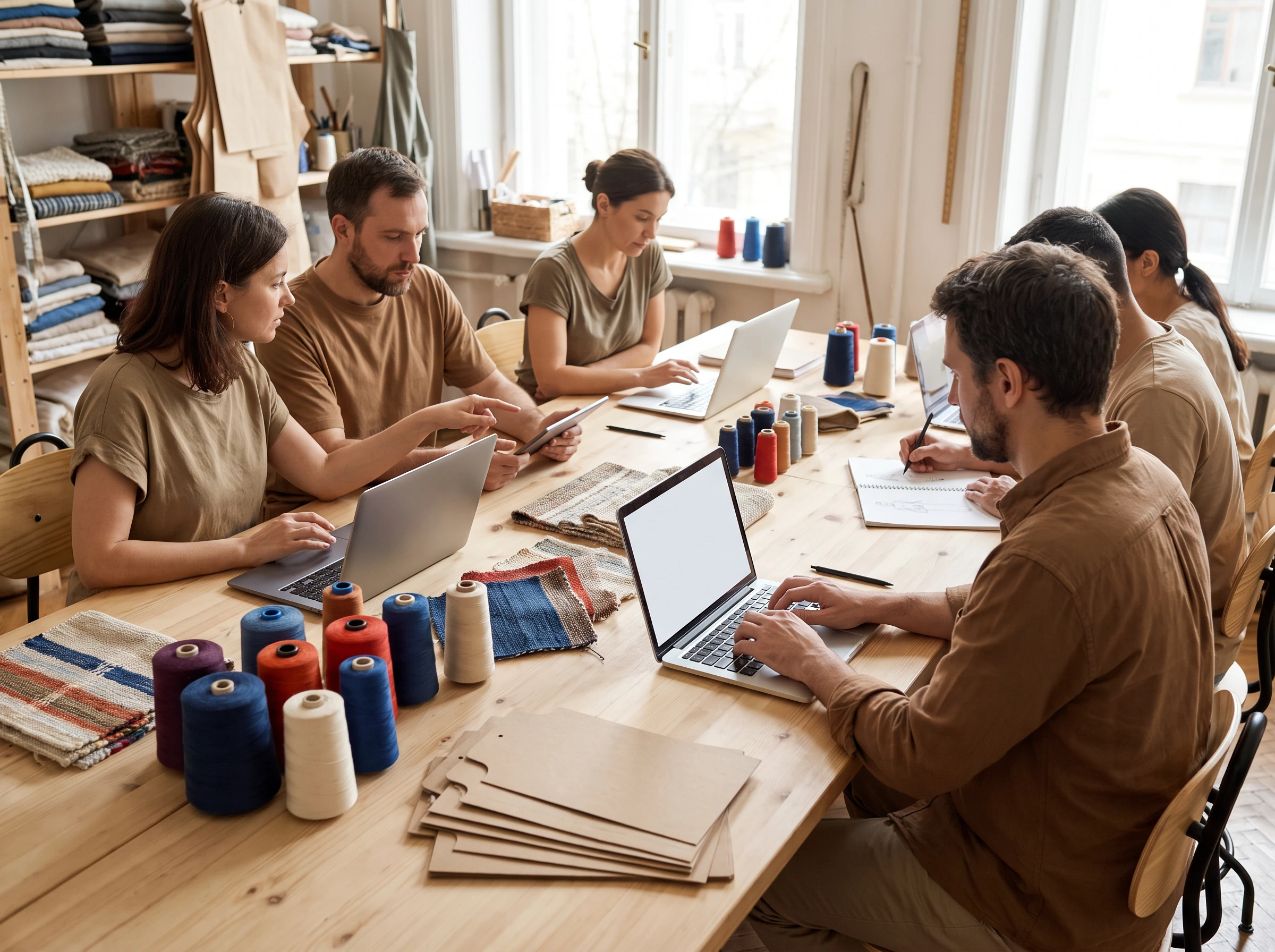 A group working around a table with materials and laptops