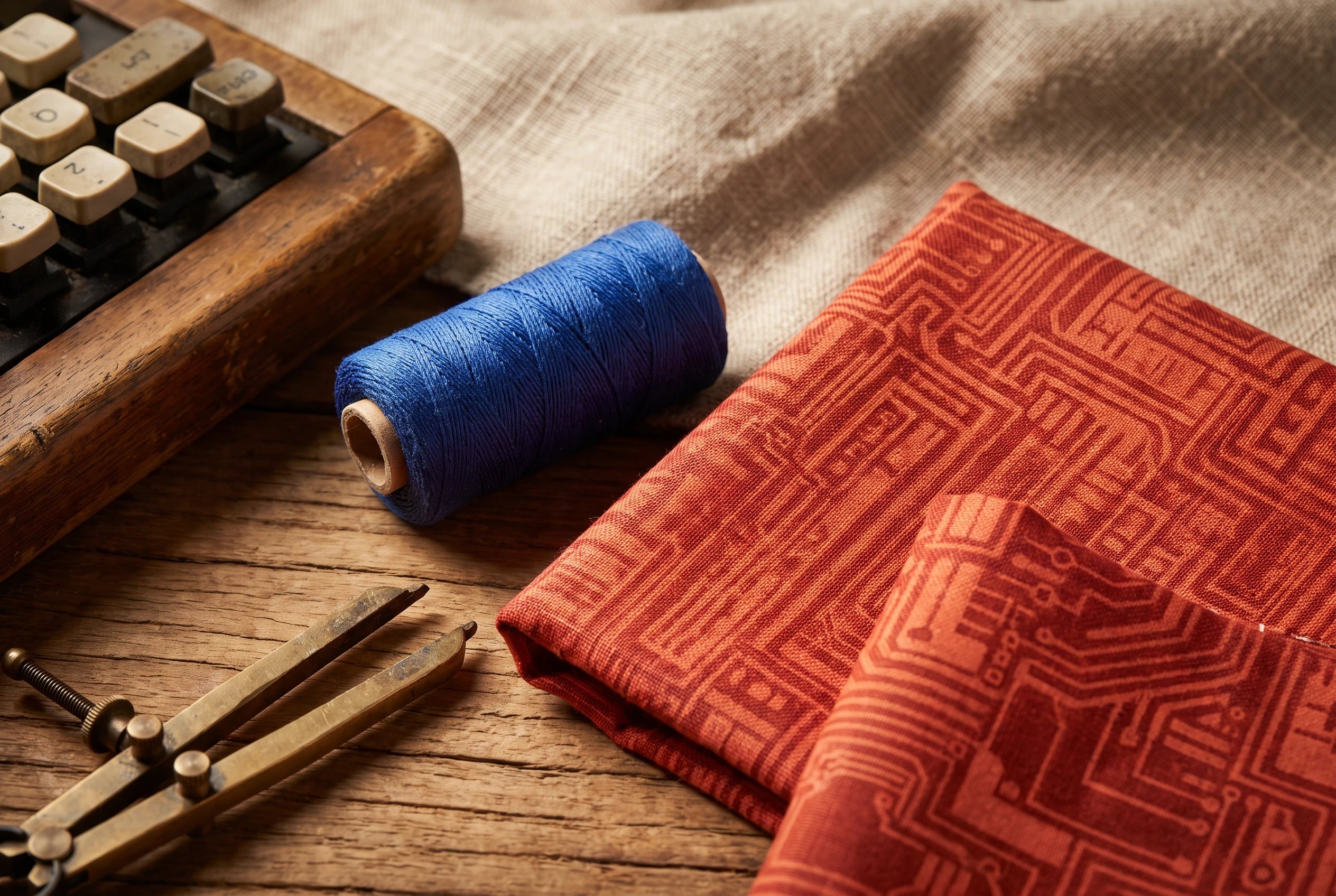 Thread, patterned fabric and drafting tools on a worktable