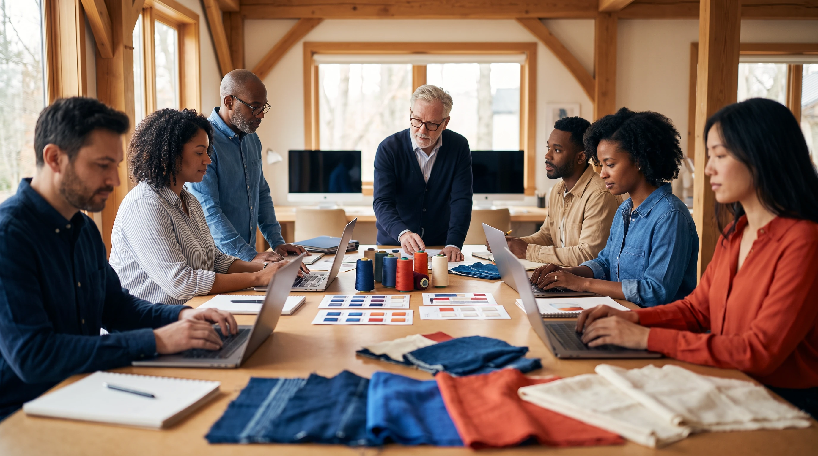 A diverse group reviewing work and material samples at a shared table