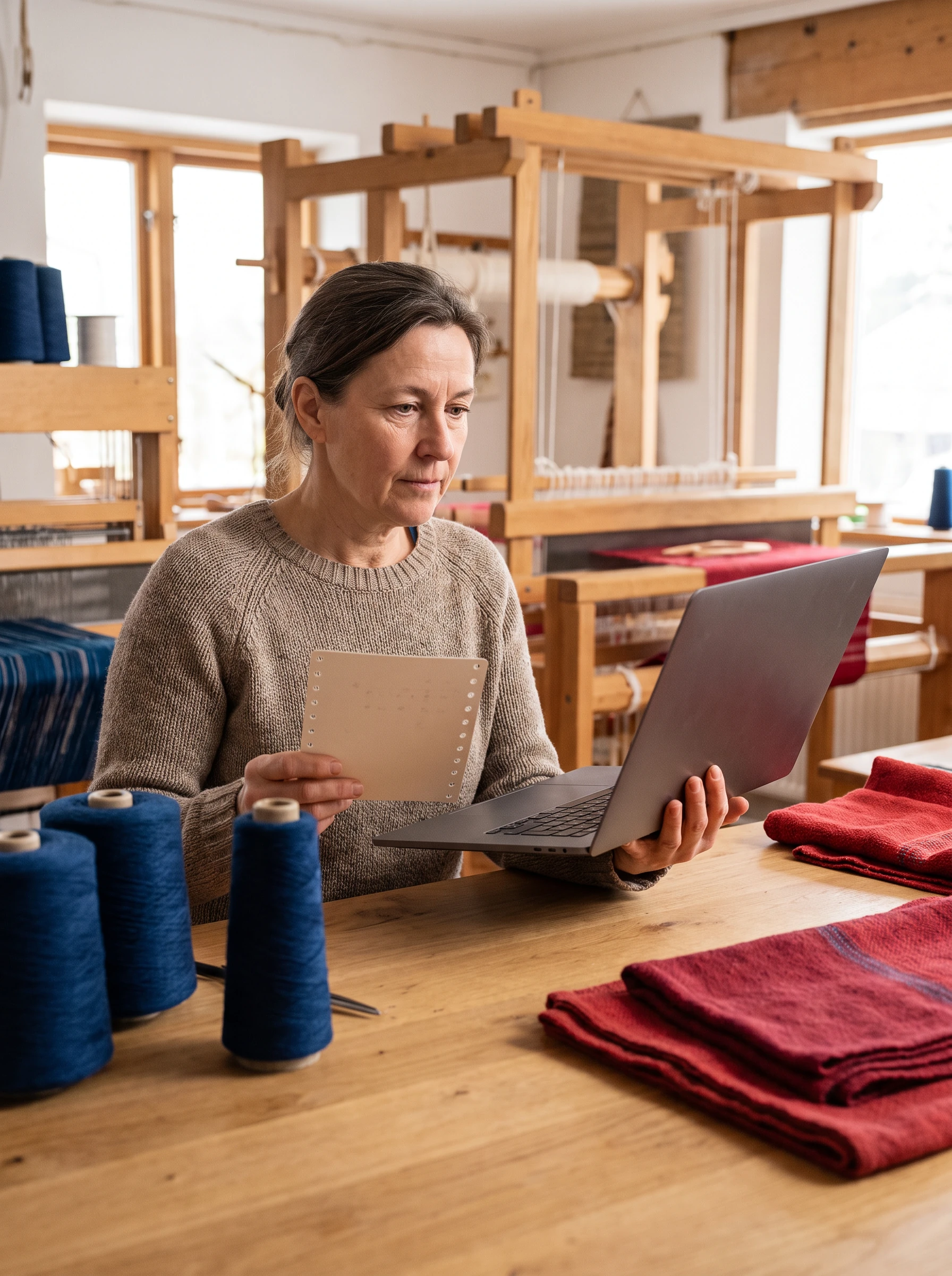 Maker at a loom reviewing a laptop and a material card