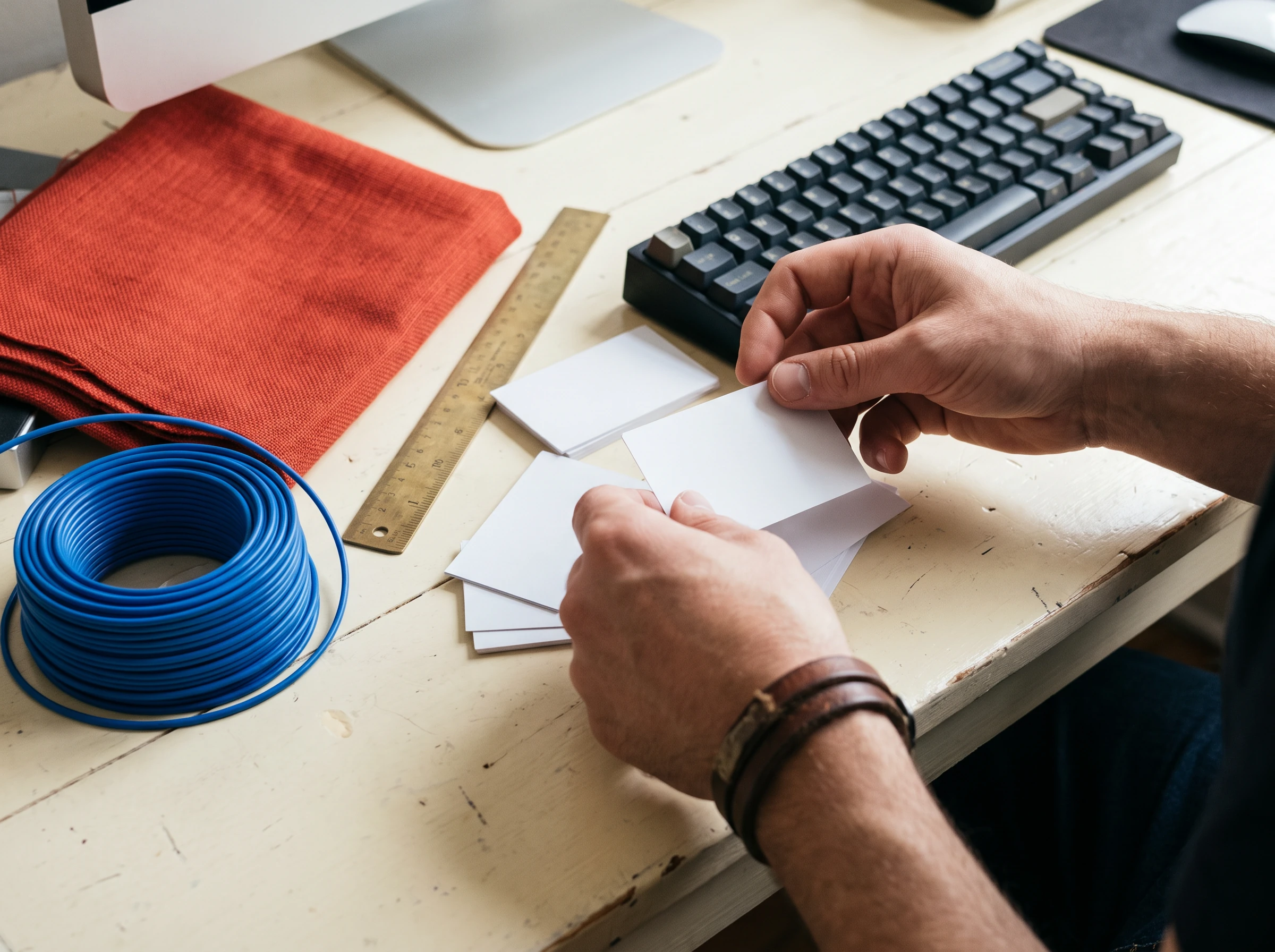 Hands sorting small cards at a desk