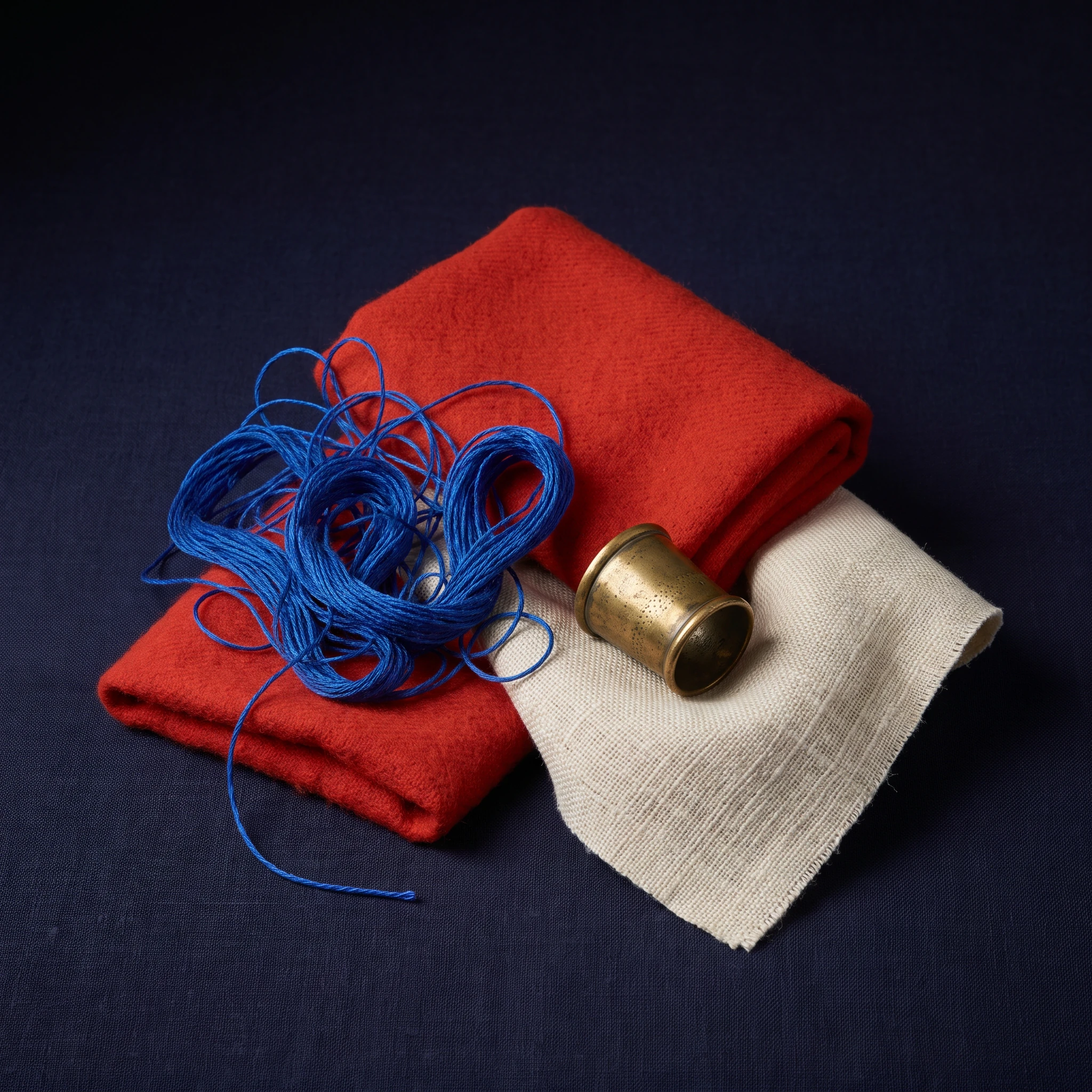 Red and cream cloth with blue thread on a dark textile